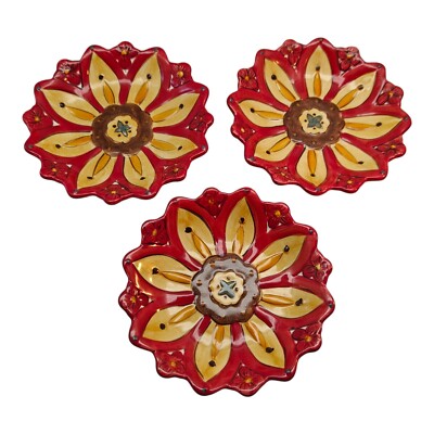 Pier 1 Imports CARYNTHUM Salad Dessert Plate Flower Red Yellow Green X 3-image