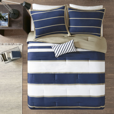 NEW ~ COZY SOFT MODERN SPORTY BLUE NAVY WHITE TAN BEIGE BOY STRIPE COMFORTER SET-image