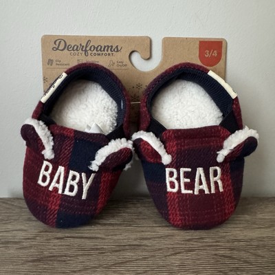 Dearfoams Cozy Comfort Baby Bear Plaid Closed Back Baby Slippers Size 3-4-image