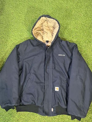 Vintage Carhartt FR Active Jacket Quilt Lined Navy Mens XL Hooded Canvas LOGO-image