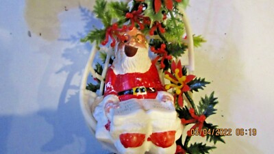VTG Christmas Blow Mold Santa Claus Wind Chime Wicker Basket Idle Time Holly Box-image