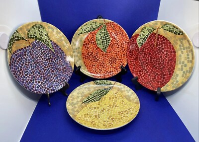 Pier 1 Imports Mosaic Fruits Plates 8 1/8” Salad Apple Orange Plum Pear Set Of 4-image