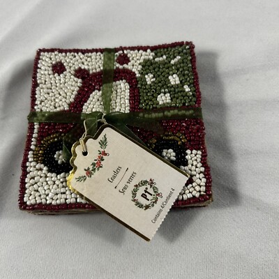 NEW Pier 1 Imports 4 Coasters Beaded Truck Christmas Holidays Tree NWT-image