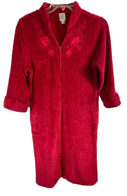 Miss Elaine Me Essentials  Red Zipper Robe Size Small Pockets Cozy Soft Robe-image