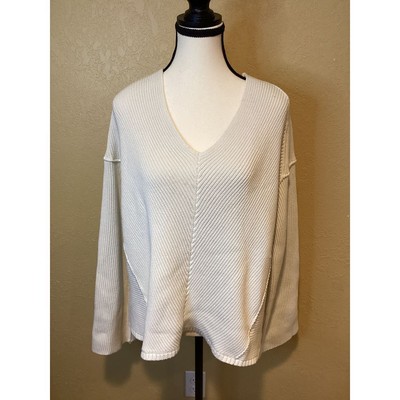 Free People Cream Colored 100% Cotton V-Neck Sweater, size Medium, long sleeve-image