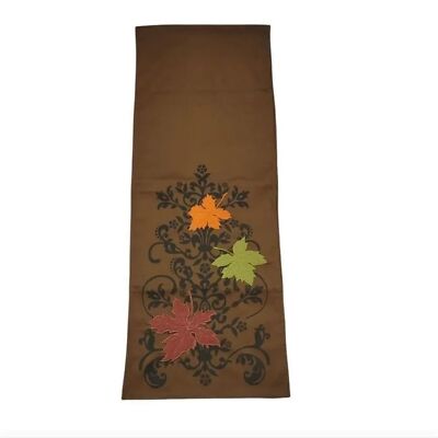 Vintage Pier 1 Imports Fall Autumn Embroidered Leaves Brown Table Runner 71x13.5-image