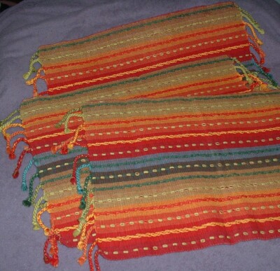 Set of 3 Pier 1 boho woven 100% cotton Place Mats in autumn colors from India-image