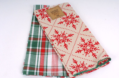 NWT Design Imports Set of 2 Holiday Kitchen Cotton Towels Snowflake / Plaid 7090-image