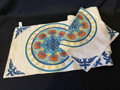 Pier 1 Imports Embroidered Floral Boho Table Runner Blue Yellow Red Green Cotton-image