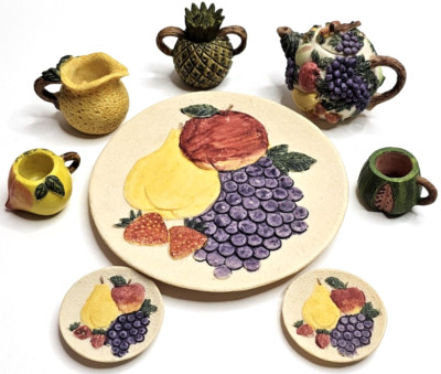 Vtg.1994 Miniature Tea Set Original Box Popular Imports Inc. Fruit Design Deco-image