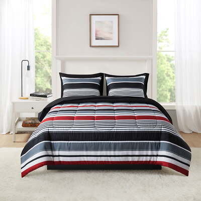 Mainstays Red Stripe Reversible 7-Piece Bed in a Bag Comforter Set with Sheets-image