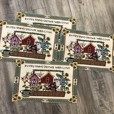 Set Of 4 Woven Tapestry Placemats Everything Grows With Love Cats Bird Houses-image
