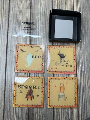 Set Of 4 Pier 1 Imports Halloween Coasters With Ghost & Witch Designs-image