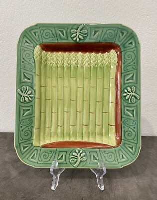 Green Asparagus Majolica Style Plate Henriksen Imports Etruscan Ceramic 10.5” 9”-image