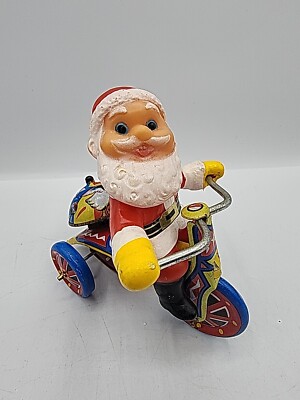 Vintage Christmas Santa Claus On Tricycle Wind Up Tin Metal Toy Bike MTU Korea-image