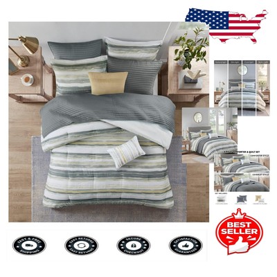 Marina 8-Piece Luxury Comforter Set - King/Cal King, Yellow Watercolor Stripes-image