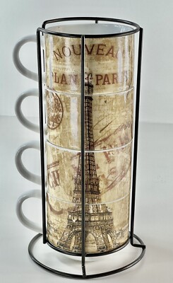 Pier 1 Imports-Paris Eiffel Tower Stacking Mugs-with Metal Stand-Set of 4 Mugs-image