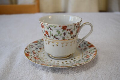Vintage Choice Imports Japan Tea Cup Saucer Orange Rose Design w/ Gold Trim-image