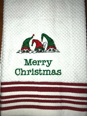 Embroidered Striped Kitchen Hand Towel Peeking Gnomes MERRY CHRISTMAS  BS2290-image
