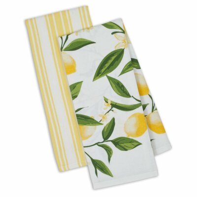 DII Kitchen Dish Towel Set 2 Lemon Bliss Yellow Green Lemon Print Yellow Stripe-image