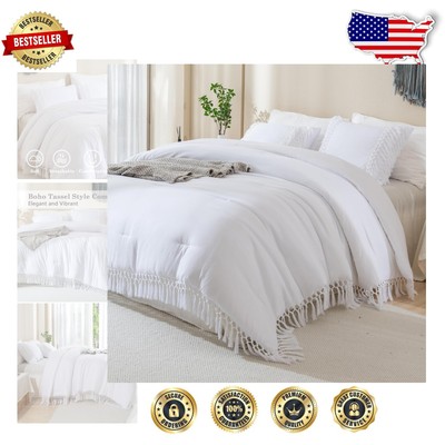 Lightweight White Comforter Set Queen, 3-Piece Boho Tassel Design for Cozy Sleep-image