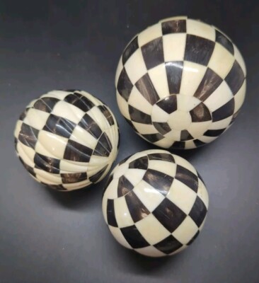 3  Indus Design Checkered Inlay Black White/ Ivory Decorative Balls 3-4
