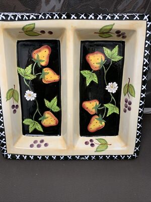 VTG Divided Serving Platter Strawberry Square Floral Design Jay Imports 10.5”-image