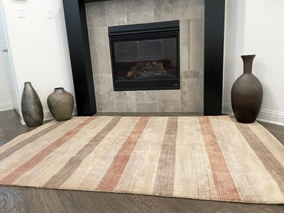 New Rust Beige Brown Linear Design 100% Wool 5ft x8ft Area Rug Pier 1 Imports-image