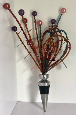 Pier 1 One Imports Glass Bottle Wine Stainless Stopper Color Beaded Spray Design-image