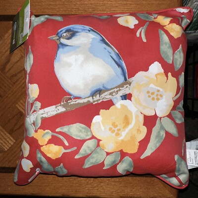 Outdoor Throw Pillows Red Floral With Blue BirdPolyester 16X16X5 Inches Set Of 4-image