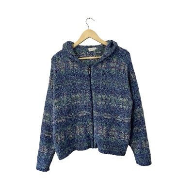 Alps Large Fuzzy Sweater Cardigan Zip Hooded Acrylic Blend Blue Cozy Womens READ-image