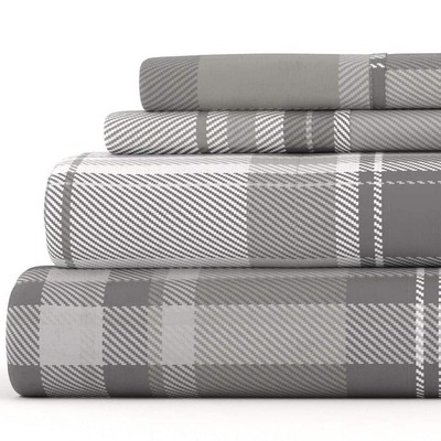 Becky Cameron Premium 4 Piece Light Gray Plaid Flannel Queen Sheet Set-image