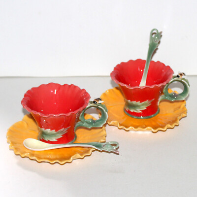 2 sets Pier 1 Poppy coffee tea cup plate spoon porcelain flower bee garden-image