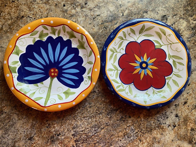 Floral Salad Plates  Lot Of 2 Pier 1 Imports Hand Painted Earthenware Colorful-image
