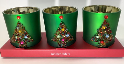 Pier 1 Imports Mercury Glass Beaded Christmas Tree Green Candle Holder Set of 3-image