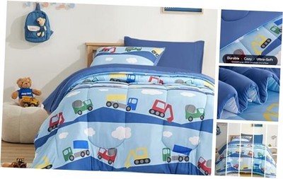  Kids Comforter Set, Cozy Jersey Knit Bedding Set, Warm and Twin Bulldozers-image