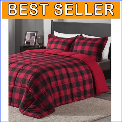 Modern King Comforter Set in Red/Black Plaid - Soft & Durable Reversible Design-image