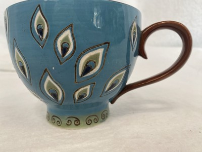 Pier 1 Imports PEACOCK FEATHERS Coffee Mug Tea Cup Hand Painted Imperfections-image