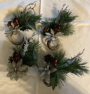 Pier One Imports 4 Napkin Rings Goldtone Metal Beaded Wire Floral Red Amber -image