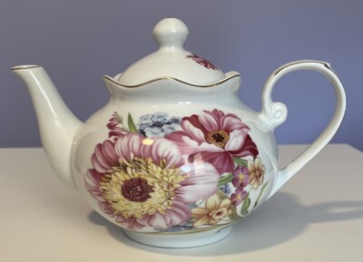 Golden Star Imports Italian Design Teapot White with Flowers and Gold Trim-image