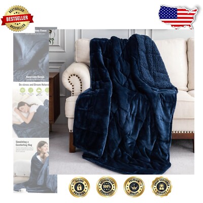 Reversible Navy Blue Sherpa Blanket - 12 lbs Cozy Weighted Comfort for Adults-image