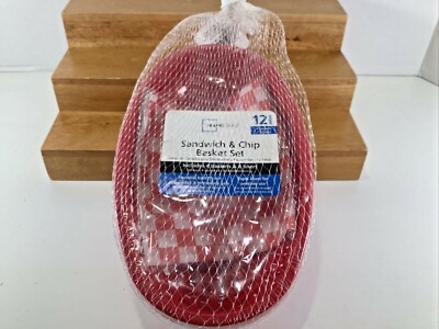 NOS VTG 4 Red Plastic Deli Baskets w Liners Sandwich & Chip Set SEALED -image