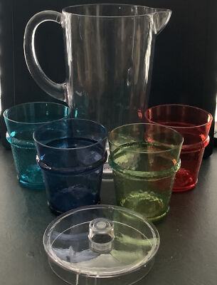 Stackable Easy Storage Drinkware Set Carafe/Pitcher Lid 4 Colorful Cups Textured-image