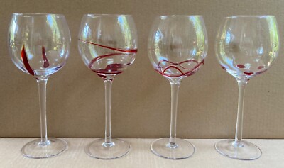 Set of 4 Pier 1 Imports Red Swirl & Dot Design Balloon Wine Glasses Goblets 20oz-image