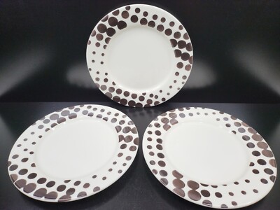 (3) Pier 1 Imports Kate Dinner Plates Set Brown Polka Dots Earthenware Portugal-image