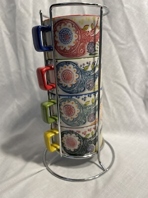 PIER 1 Imports Set of 4 Paisley Design Stackable Mugs with Stand-image
