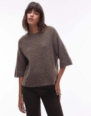 Atilier Cozy Brown Short-sleeved Alpaca Wool Sweater Comfortable Knitwear Size S-image