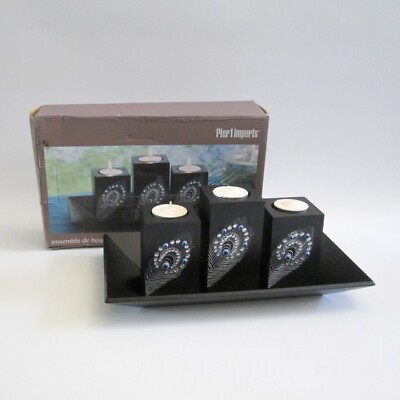 Pier 1 Imports Peacock Candlescape Tea Light Candle Holders Tray Silver Feathers-image