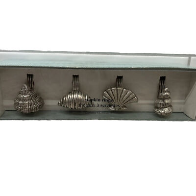 Pier 1 Imports 4 Silver Tone Napkin Rings Sea Shells Design Nickle Plated Beach-image