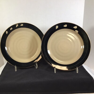 Pier 1 Imports White Blossom Beige Tan Stoneware Black Rim Dinner Plates 11